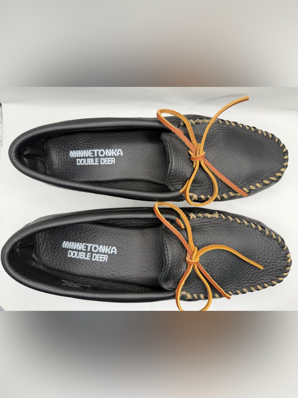 Minnetonka Mens Double Deerskin Softsole Leather Moccasin, Black Size 11 Slip On